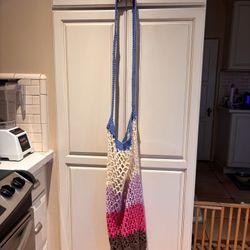 Crochet Tote Bag with extra long strap blue white pink brown purple