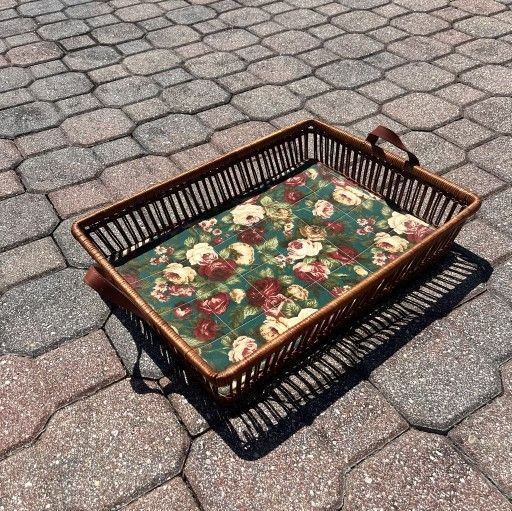 Vintage Wicker Serving Tray with Fabric Liner