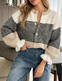 Suéter de moda a rayas para mujer, con volantes, con botones, holgado, bloque de color, para otoño 2026