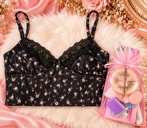 Black Floral Lace Trim Crop Cami Top