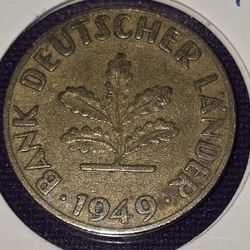 1949F Germany 10 Pfennig Brass Clad Steel Coin