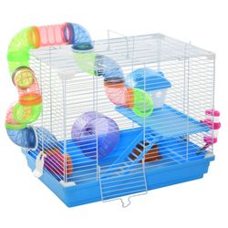 2-Tier Best Hamster Cage, Carry Handles, Anti-Pinning, Detachable Plastic Tray, with Exercise Wheel, Play Tubes, Water Bottle, Food Dishes, & Interior