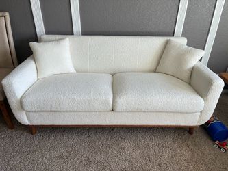 White Loveseat Sofa with Wood Base