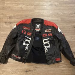 Icon medium men’s skull black and red leather motorcycle jacket