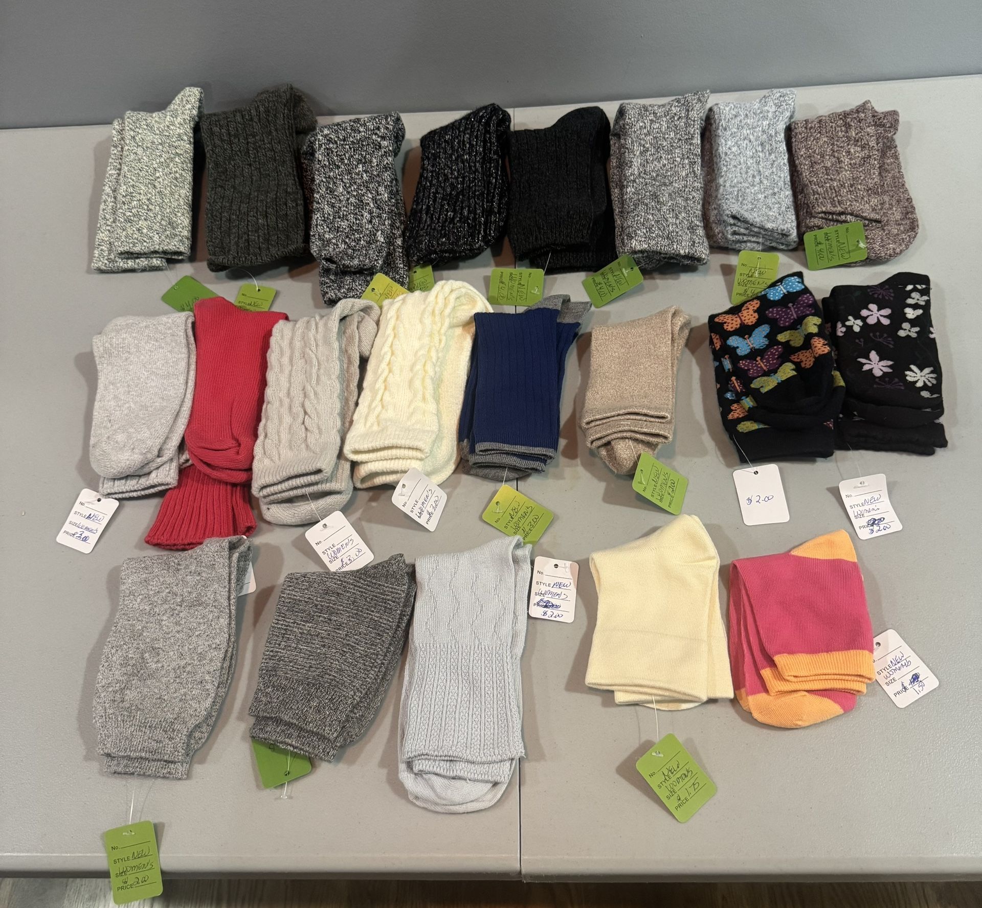 New Socks: 8-Heavy-$4 ea; 5 Med; $3 ea; 6 Lightweight-$2 ea & 2 Lightweight-$1.75&$1.50- OR ALL 21 pairs for $58