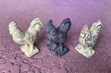 3 rustic cast iron rooster figurines