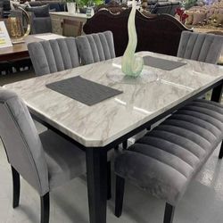 ✅️✅️ 5 pc Pascal black wood finish faux marble top dining table set grey fabric (Bench not included)✅️✅️