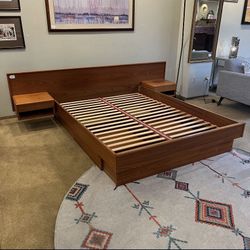 Mid Century Modern Danish Teak Queen Size Bed With Floating Night Stands