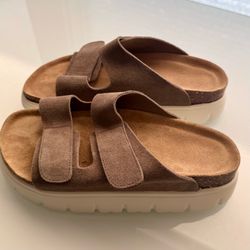 Women’s Leather & Cork Slide Sandals, Velcro Closure, (Berkenstock Inspired) by Project Cloud, Size 8