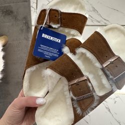 Birkenstocks Fur Brown Beige 37 Size 7 NEW W TAG