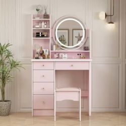 Pink Makeup Vanity Set With Stool