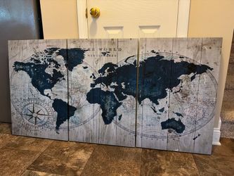 Large 60x30 3-Panel World Map Wall Art – Vintage Wood Look