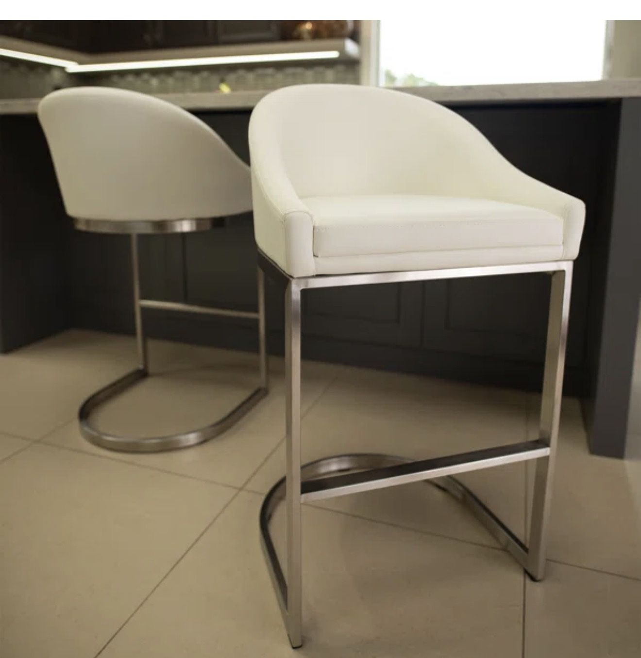 Four 26" Counter Height Brushed Stainless Steel Barstool (White)