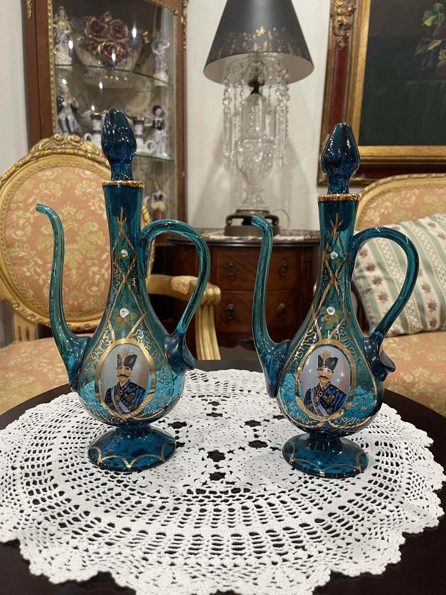 Pair of Beautiful 19th. C. Persian Enameled Gilt Cobalt Glass Decanter 1940’s🌷