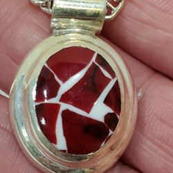 Vtg Mexico Sterling Silver Pendant Necklace Red And White Mosaic Glas Pendan 19.5"
