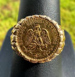 Jewelry 14k solid yellow gold 90% 5 Peso Mexican Gold Coin ring size 7.25