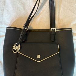 Michael Kors Saffiano Frame Black Leather Pocket Gold Trim Handbag