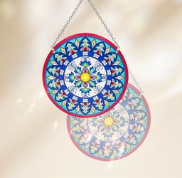 2 for $20 Mandala Suncatcher Stained Glass - Handmade Gifts for Women, Suncatchers for Windows - Window Hangings with Chain and Hook, 6 inch Stained G