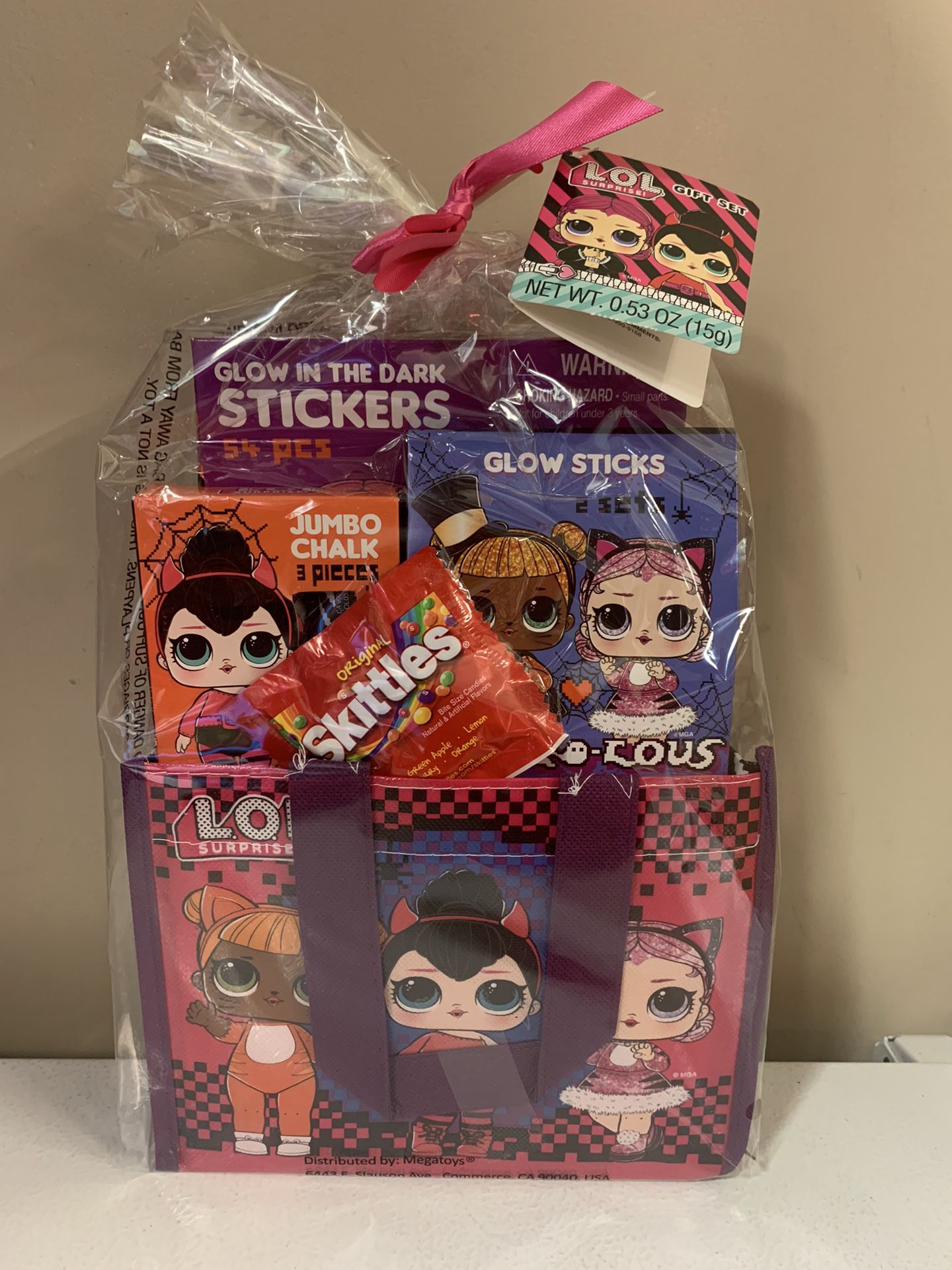 L.O.L Gift Set (2 Glow Sticks) (3 Jumbo Stick) (54 Glow in the Dark Stickers) (1 Pack of Skittles) & (1 LOL Bag) 