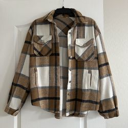 Womens Khaki Flannel Plaid Shacket Wool Blend Button Down Shirt Fall Fashion Jacket 