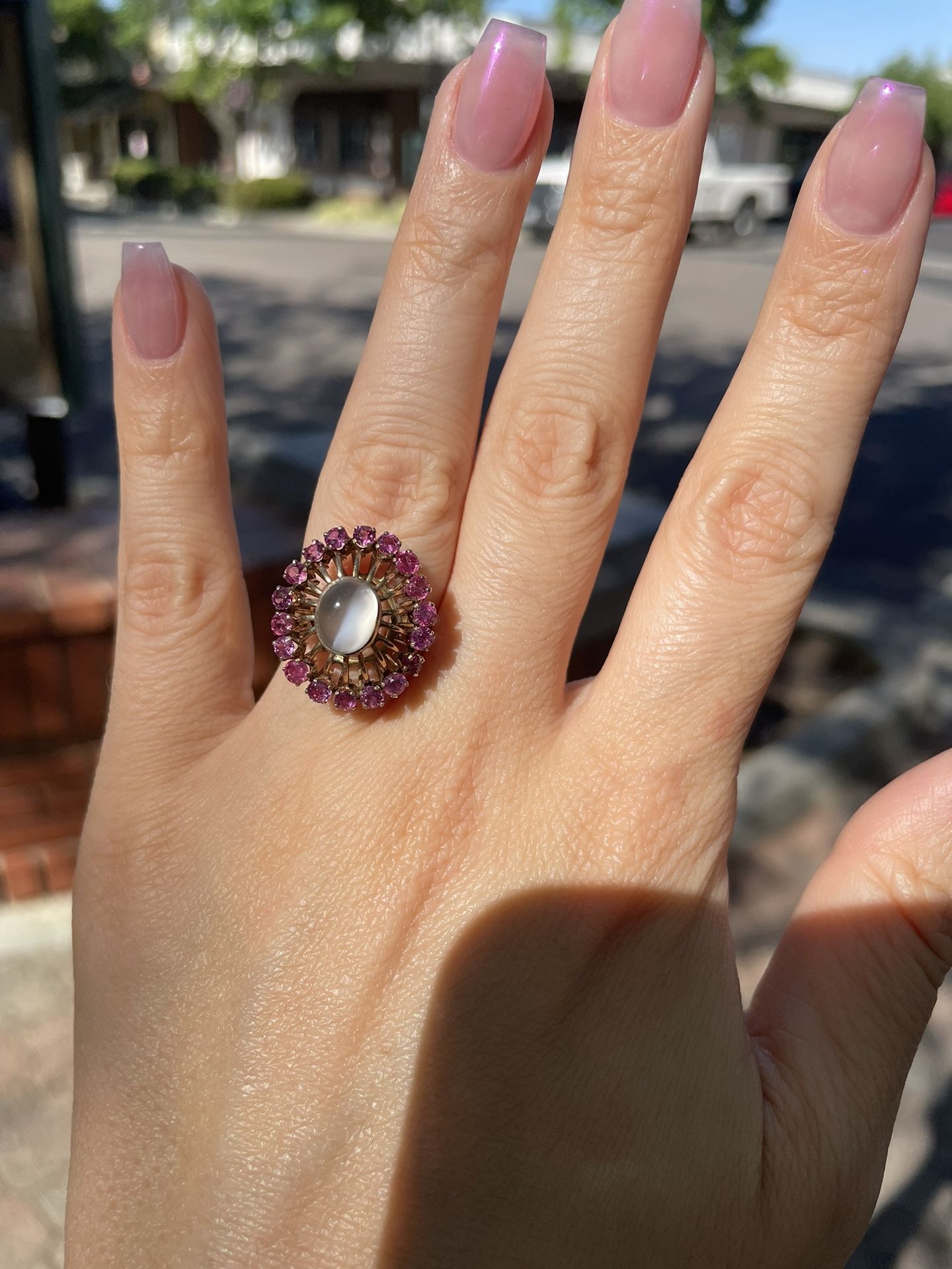 14K Gold Natural Rubies And Moonstone Gorgeous Ring