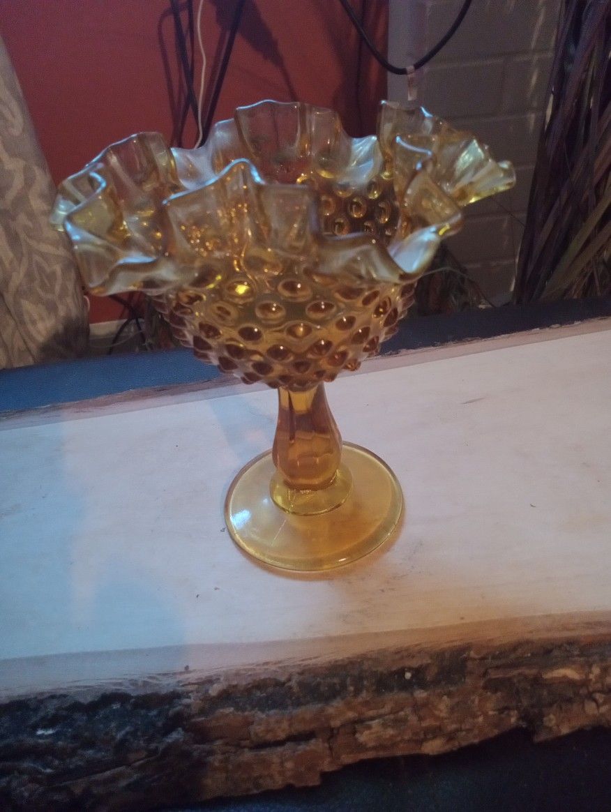Vintage Fenton Hobnail Ruffled Edge Amber Glass Compote 