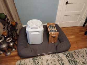 Large dod bed, food container and elevated dishes