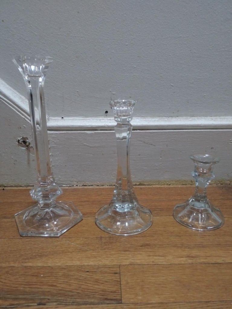 3 Vintage Imperial Crystal Candle Holders 24% Lead Crystal Made In Slovakia One Big, Medium, And Small All Only Used A Couple Of Times
