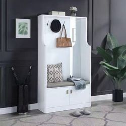 White Entryway Hall Tree with Mirror and Storage，$260