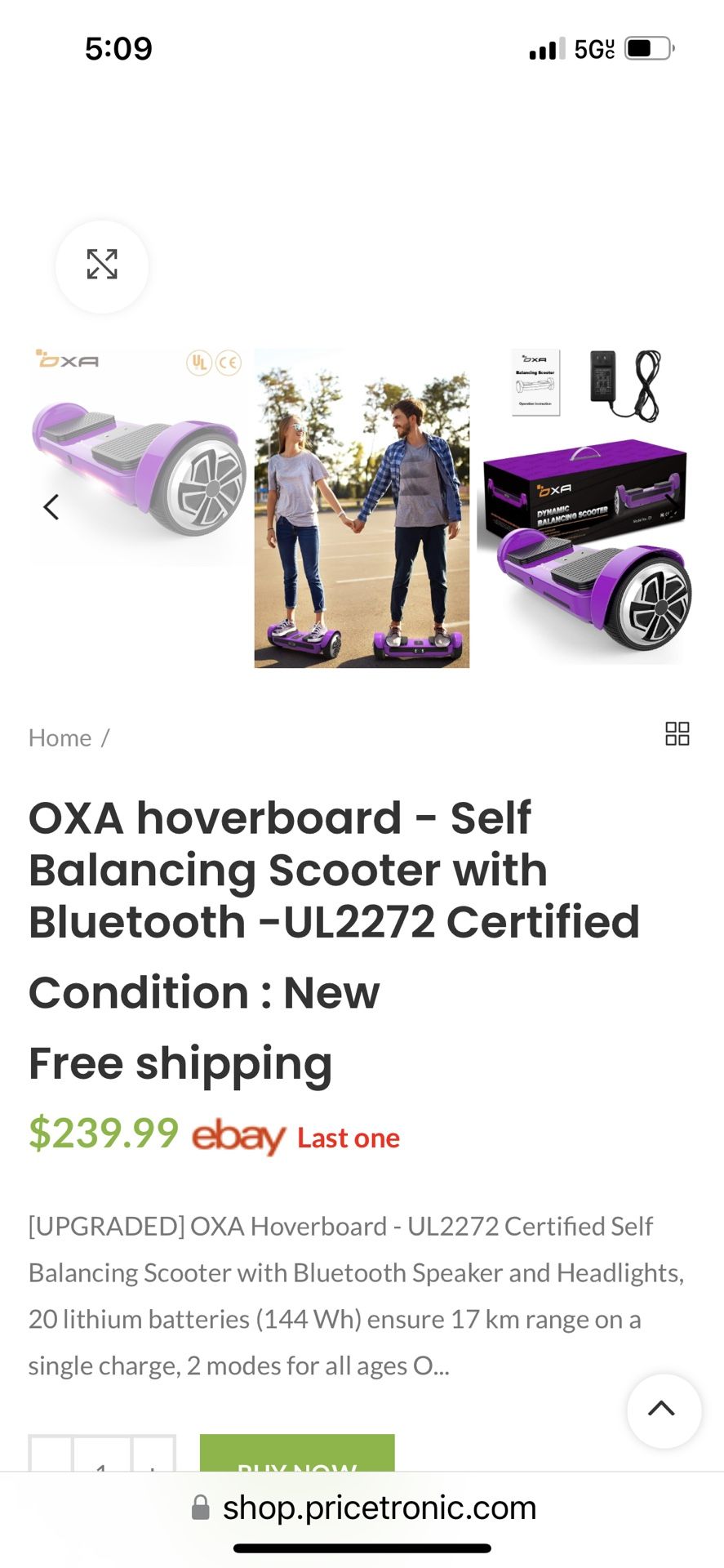 OXA hoverboard Self Balancing Scooter with Bluetooth UL2272