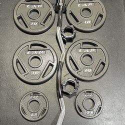 OLYMPIC CURLBAR AND WEIGHTS