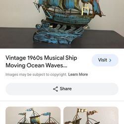 Vintage 1960's Musical Wind Up Ship On Ocean Waves 