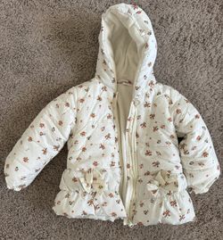 Laura Ashley Girls Hooded Puffer Jacket Coat - Ivory Floral Fleece Lined - Size 3T