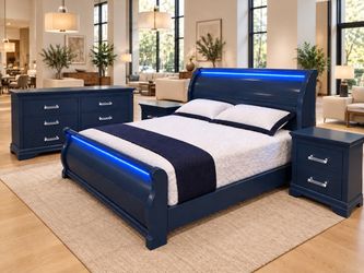 Brand-New Royal Blue LED King Bedroom Set – Bed, Dresser & 2 Nightstands