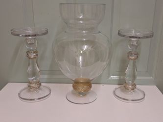 Set Vntage Glass Vase and Candle Holders