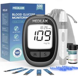  Medilax Blood Glucose Monitor Kit, 100 Test Strips & 100 Lancets Blood Sugar Testing Kit with Glucometer and Lancing Device, No Coding, 500 Storage G