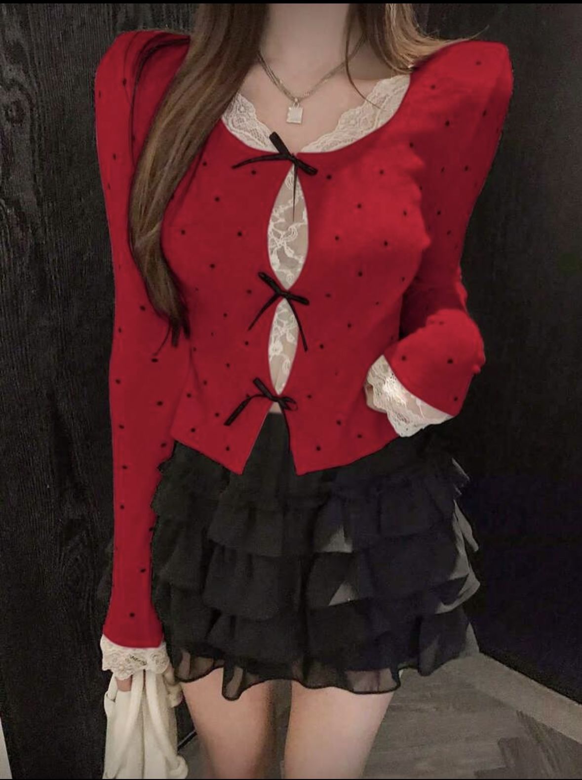 Women's Contrast Color Lace Patchwork Knitted Sweater, Bow Decor, Long Sleeve, Polka Dot, Pullover, Suitable For Autumn/Winter, Christmas & New Year