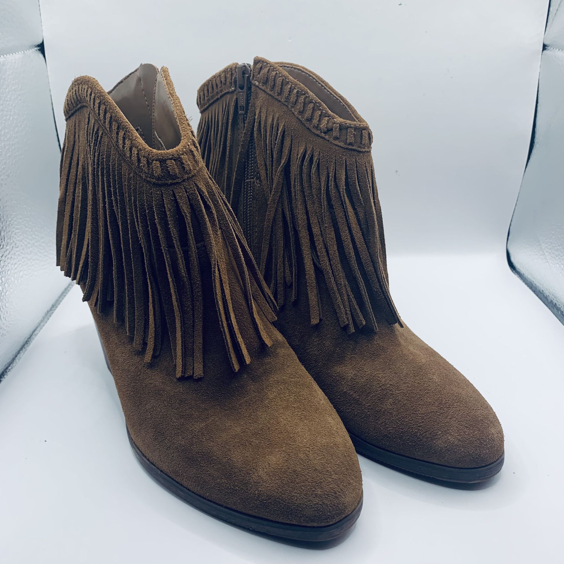 Gianni Bini western fringe leather heeled boots Brown 9M