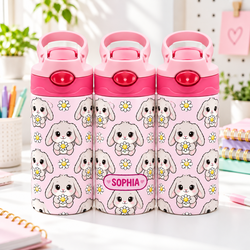 Personalized Kids 12oz Water Bottle with Bunny Print Insulated Leak-proof
