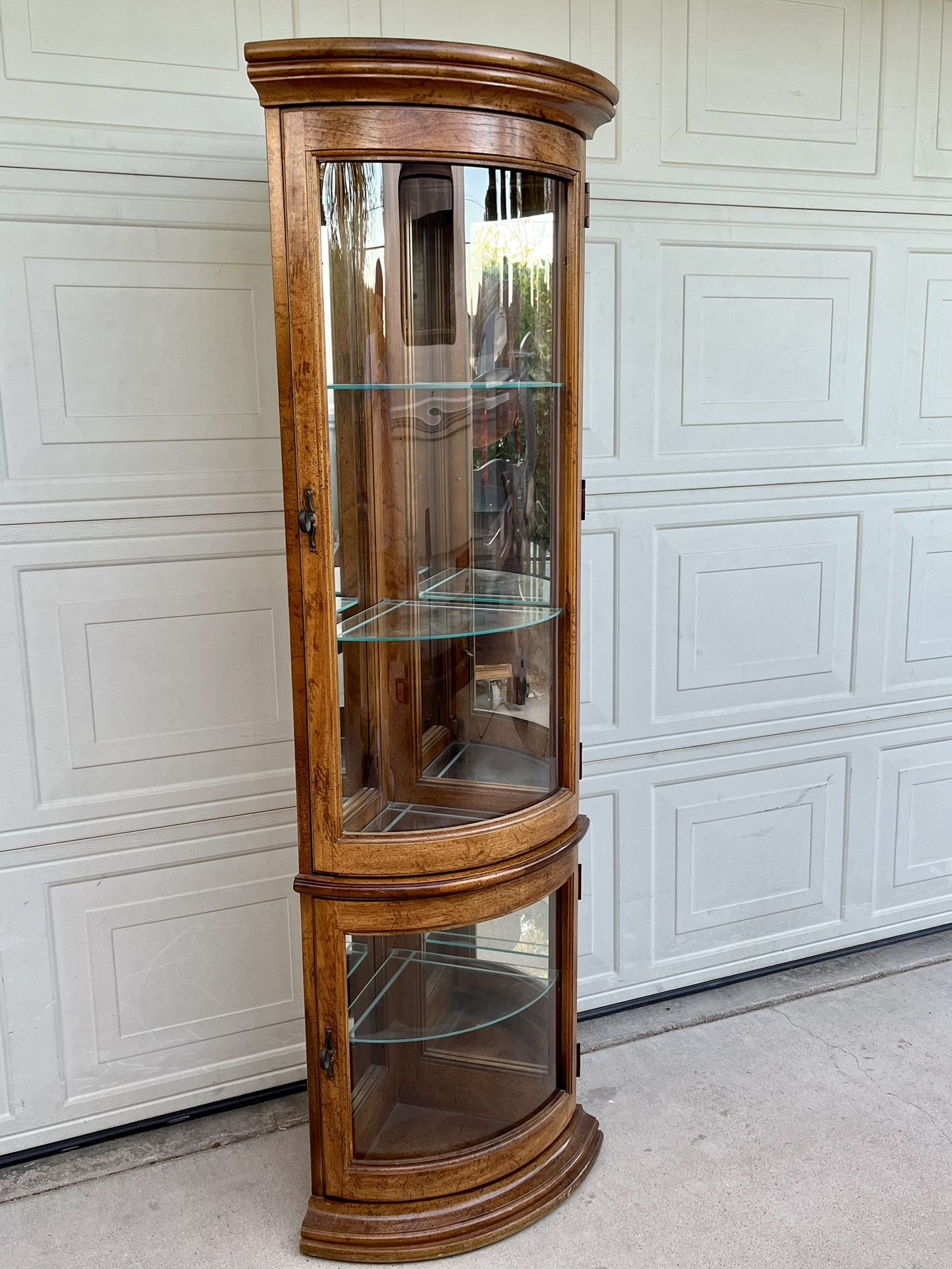 Vintage Hardwood Radius Corner Curio Cabinet With Glass Shelves