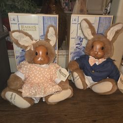 Robert Raikes 1990 Easter Uncle Vincent & Aunt Mary Lou Bunny Rabbit Set With COA & Boxes.