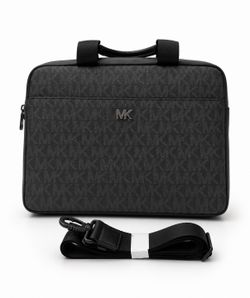 Michael Kors Black Leather Monogram Laptop Bag 15" Padded Adjustable Strap
