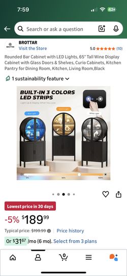 Rounded Bar Cabinet with LED Lights, 65" Tall Wine Display Cabinet with Glass Doors & Shelves, Curio Cabinets, Kitchen Pantry for Dining Room, Kitchen