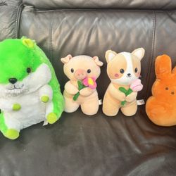 Set Of 4 Plush - Otter, Bunny, Pig, Dog