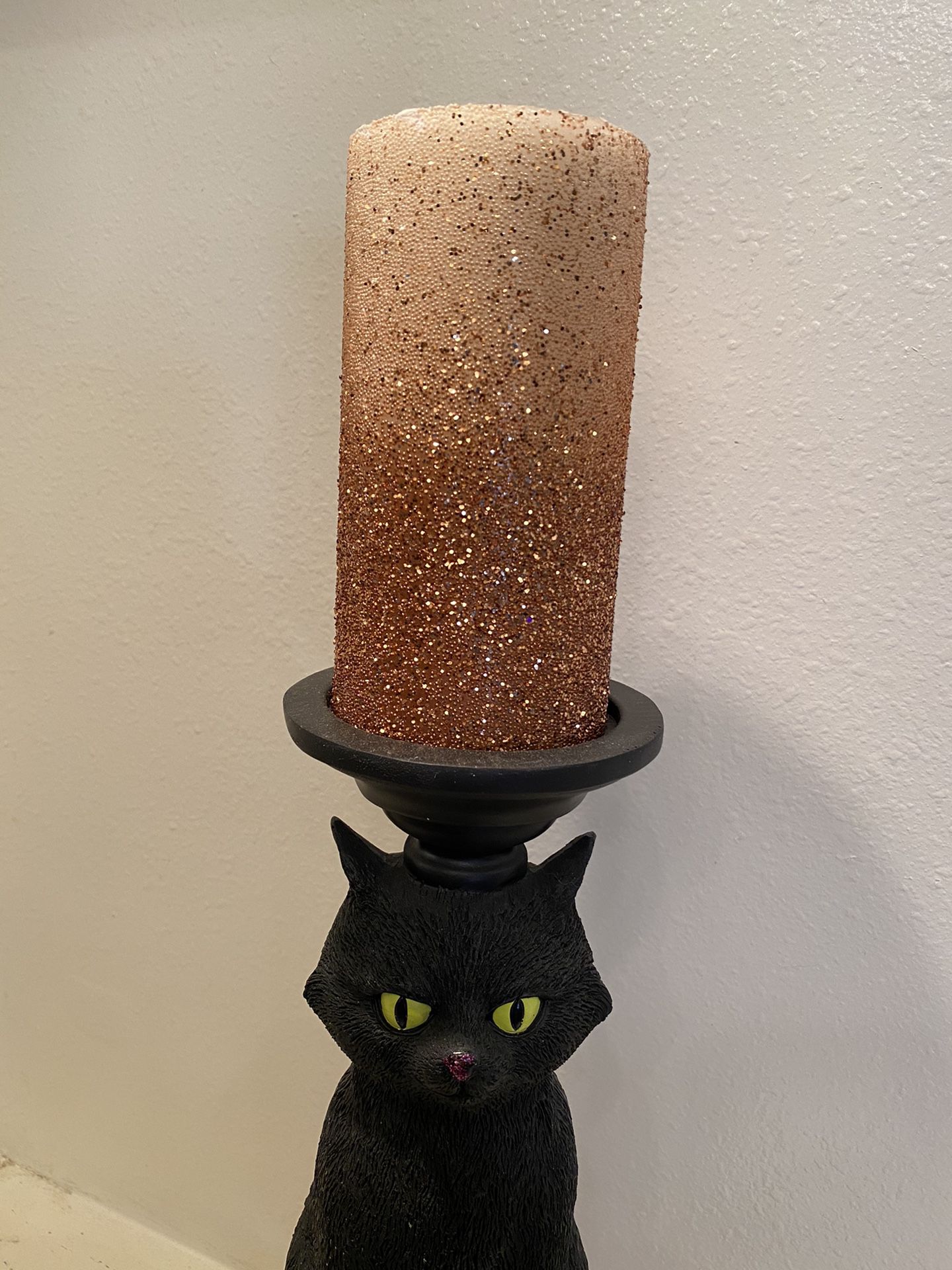 Black cat on pumpkin Halloween candle pillar with flameless candle