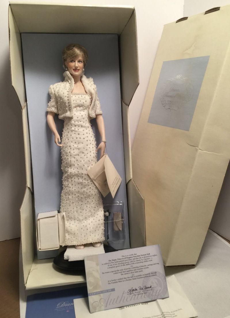 The Franklin Mint Diana, Princess of Wales - Porcelain Portrait Doll - Pearl Dress.