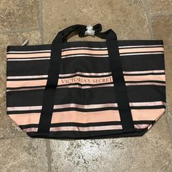 NWT~Victoria's Secret Black and Pink Metallic Striped Large Tote Bag 14”x22 1/2”