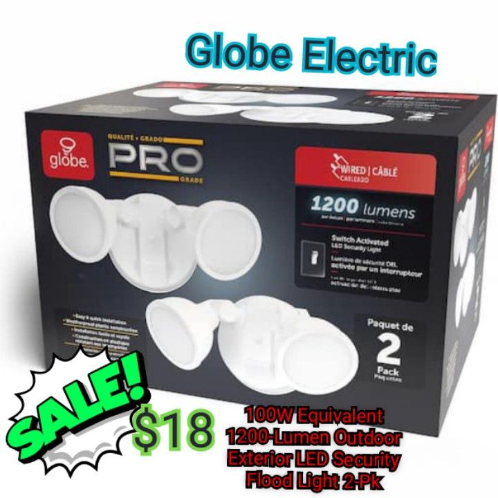 Globe Electric
100-Watt Equivalent 1200-Lumen Outdoor Exterior White Switch Activated 2-Head Integrated LED Security Flood Light (2-Pk