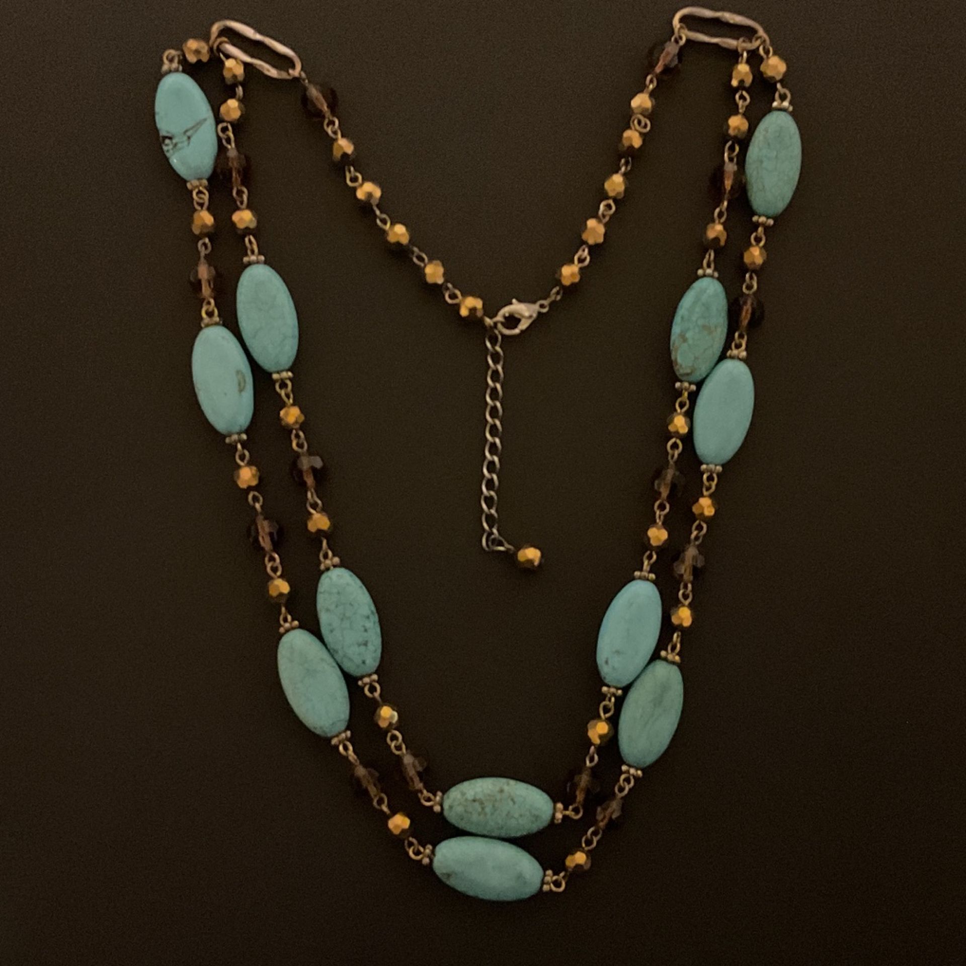 24” Turquoise And Gold Crystal Beaded Multi Strand Necklace