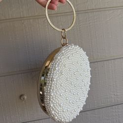 Round Circle Pearl Gold Cream Clutch. Side Bag. Shoulder Bag. Satin. Bridal. Bridesmaids. Wedding. Engagement. Formal. Function. Gold. Prom.